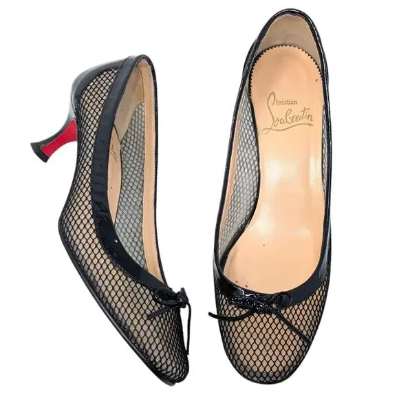 Christian Louboutin Marcia Rete Black Mesh Bow Heels Size 37 - Picture 9 of 9